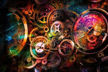Obraz na płótnie Canvas Clock and clock gears in space. Futuristic abstract background. Vibrant colors. Generative AI illustration. Time and universe concept