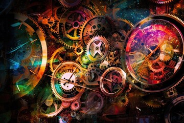 Fototapeta premium Clock and clock gears in space. Futuristic abstract background. Vibrant colors. Generative AI illustration. Time and universe concept