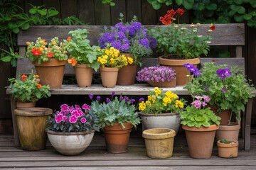 flowers in pots. spring concept. AI generative image.
