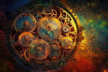 Close up view of clock mechanics in space. Futuristic abstract background. Vibrant colors. Generative AI illustration. Time and universe concept