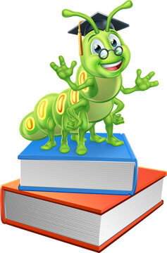 A bookworm caterpillar worm cartoon character education mascot standing on a pile of books wearing graduation hat and glasses