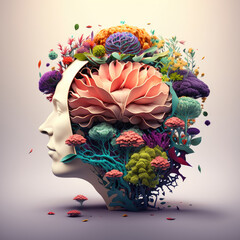 Human brain in head with beautiful 3d metaphor, photo surrealism