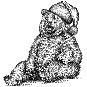 Vintage engrave isolated black bear set dressed christmas illustration ink santa costume sketch. American grizzly background asian animal silhouette new year hat art