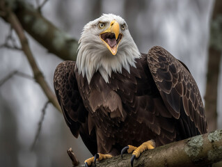 Obraz premium A majestic bald eagle perched on a tree branch, ai generative