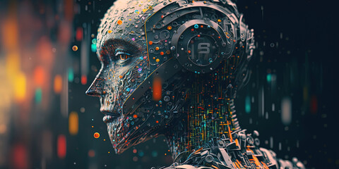 Binary code backdrop with futuristic AI robot. Generative AI
