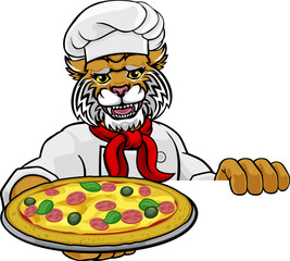 A panther chef mascot cartoon character holding a pizza peeking round a sign