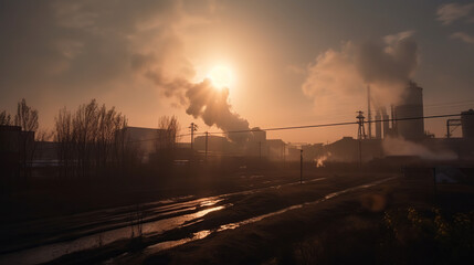 industry metallurgical plant dawn smoke smog emissions bad ecology aerial photography, AI generated