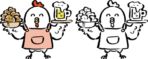 唐揚げとビールを持ったニワトリの筆タッチイラスト　カラー・線画セット