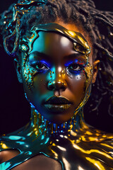 Editorial of black woman in futuristic metal lacquer. Generative AI