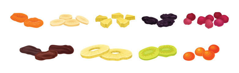Sun Dried Fruit as Food with Sweet Taste and Nutritive Value Vector Set