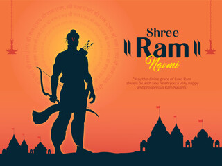 Illustration of Lord Ram bow arrow and temple background for Indian festival Ram Navmi.  - obrazy, fototapety, plakaty