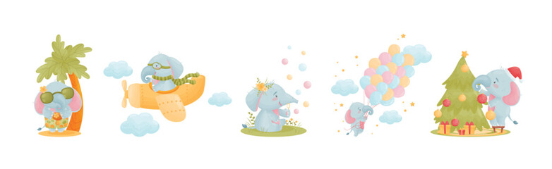 Cute Blue Elephant Character Engaged in Different Activity Vector Set