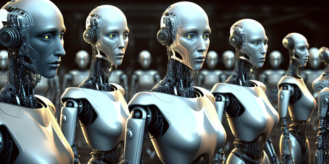 Robotic faces in a lineup of androids. Generative AI