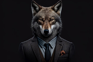 a wolf in a business suit,portrait of a wolf businessman in an expensive suit, the head of a wolf in a suit on a black background, Generative AI
