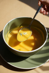 Pumpkin soup puree, close-up. Soup in bowl