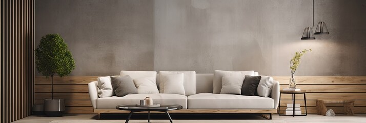 Contemporary Living Room  Beige Sofa  Wooden Coffee Table  Concrete Wall   Perfect Home Interior Background, Generative AI