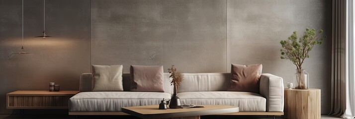 Beige Sofa and Wooden Coffee Table in Modern Living Room with Concrete Wall   Home Interior Background, Generative AI