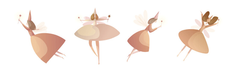 Tender Fairies in Neat Dresses Fluttering with Magic Wand Vector Set