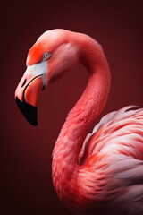 A beautiful exotic bird, a long-necked pink flamingo standing proudly in the water on a pink background. Generative ai
