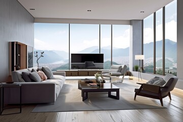 Interior design of a spacious, elegant modern living room with a comfortable sofa, coffee table, TV cabinet, wall mounted TV and large glass windows with mountain views