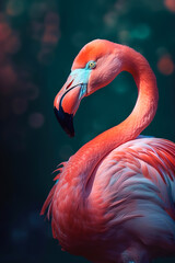 A beautiful exotic bird, a long-necked pink flamingo standing proudly in the water against a dark background with a leaf pattern. Generative ai