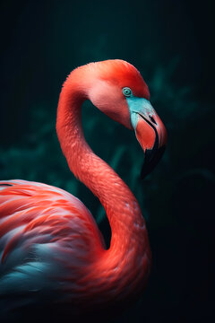 A beautiful exotic bird, a long-necked pink flamingo standing proudly in the water against a dark background with a leaf pattern. Generative ai