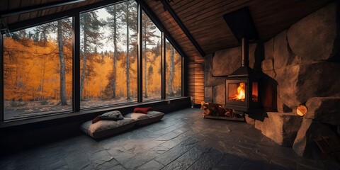  Cabin in the woods, fireplace and amazing landscape, natural light. Generative AI