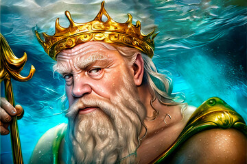 Fantasy art digital illustration of King Triton, god of the sea, wearing a crown and holding a trident underwater - Generative AI - obrazy, fototapety, plakaty