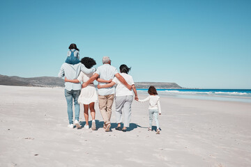 Fototapeta na wymiar Back of family on beach walking with children to relax on summer holiday, vacation and weekend together. Travel mockup, ocean and grandparents, parents and kids hug for bonding, quality time and calm