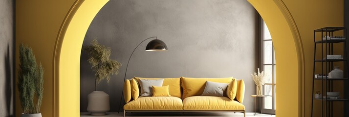 Obraz na płótnie Canvas Chic Yellow Sofa in Contemporary Concrete Living Room Design, Generative AI
