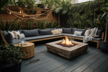 A stylish and inviting outdoor living space with a natural wood deck, a rattan sectional, and a fire pit surrounded by slate tile