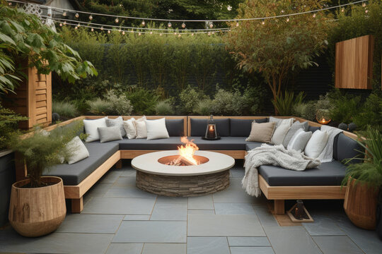 A stylish and inviting outdoor living space with a natural wood deck, a rattan sectional, and a fire pit surrounded by slate tile