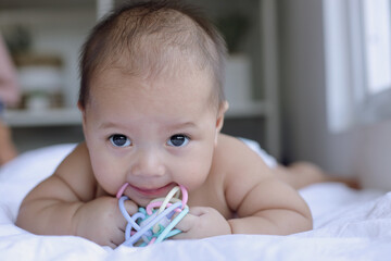 Smiling baby boy crawling on the bed and bite the toys. Happy moments.