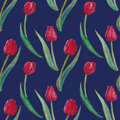 Seamless pattern of watercolor tulip flowers. Hand drawn illustration. Botanical hand painted floral elements on dark violet background.