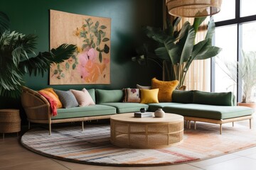 A tropical - inspired living room with a woven cane sectional, colorful botanical prints, and bold greenery accents - obrazy, fototapety, plakaty