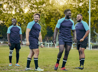 Fototapeta premium Rugby, men on team and diversity on field, sports and strong athlete group outdoor with fitness and muscle. Professional players, sport club and exercise with training for match, happy and teamwork