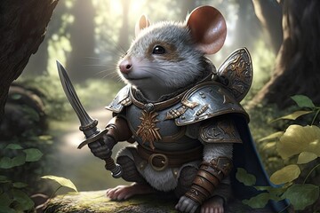
Mouse knight in armor. Fantasy drawing of a cute paladin mouse in the forest. Game illustration. Generative AI