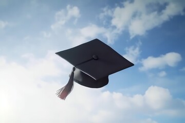 Graduate cap. Black graduate hat against a blue sky. Graduation hat tossed up. Generative AI