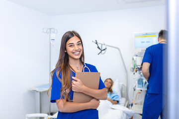 Medical professionals standing in patients room. concept of health protection. Successful team of medical doctors are taking care of patient.