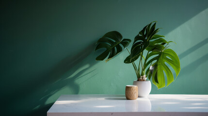 A minimalistic, modern white marble stone counter table featuring a tropical monstera plant tree bathed in sunlight, set against a green wall background, creating a luxurious setting for skin care pro - obrazy, fototapety, plakaty