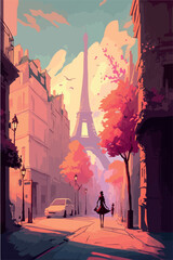 Obraz premium Paris city of love. Romantic poster of france capital. Vector art painting of landmark. Magical colorful artwork. Eiffel tower and architecture. Colorful bohemian city. 