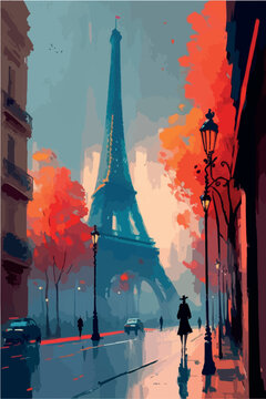 Paris city of love. Romantic poster of france capital. Vector art painting of landmark. Magical colorful artwork. Eiffel tower and architecture. Colorful  bohemian city. 
