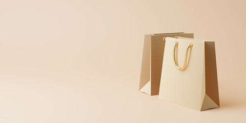 Fashion luxury shopping bags with golden details. copy space for text or product presentation, on pastel cream background. 3d rendering
