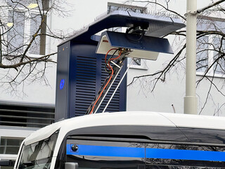 26.02.2023 Gdynia, Trojmiasto, Poland, Europe. Close-up of a  pantograph charging electric public...