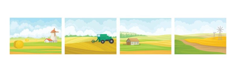 Obraz premium Country View with Sown Field, Barn House and Pasture Land as Green Landscape Vector Set