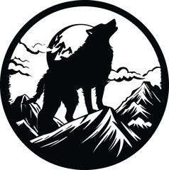 Wolf On A Mountain Logo Monochrome Design Style
 - obrazy, fototapety, plakaty