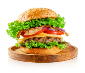 American food concept. Burger with beef and bacon on wooden plate on gray background.