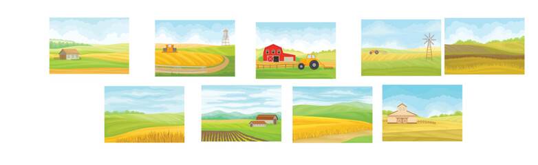 Country View with Sown Field, Barn House and Pasture Land as Green Landscape Vector Set