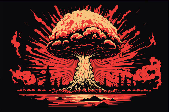Nuclear explosion. Vector art of the atomic bomb. Huge mushroom cloud. Explosive destruction. Toxic radioactivity.Fear of nuclear war. Catastrophic event. World war. Nagazaki town. Horro history.