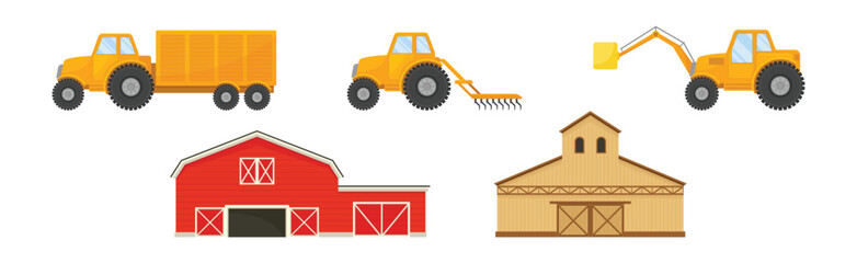 Farm Object with Machinery for Harvest and Barn House Vector Set